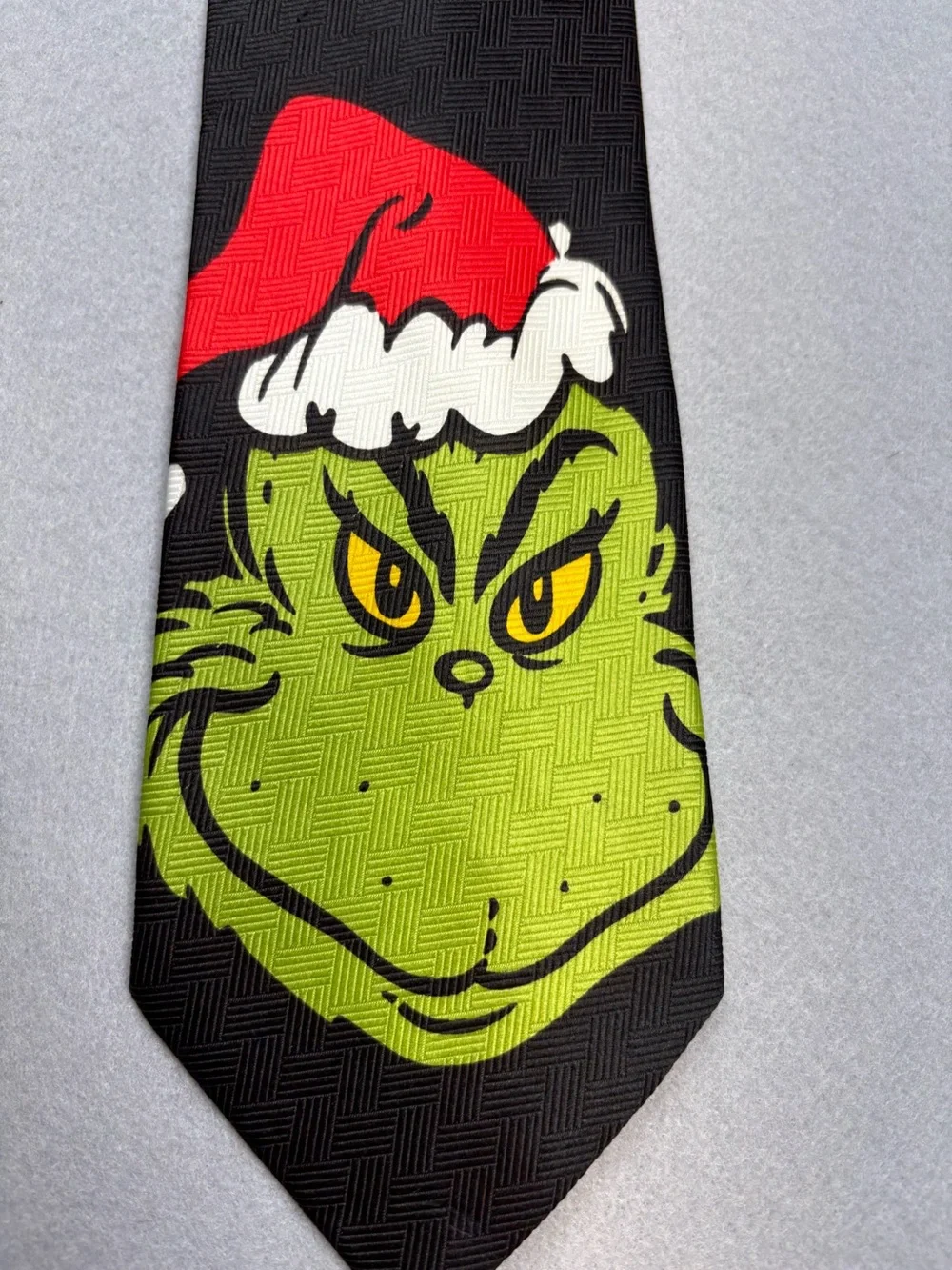 Vintage Dr Seuss Grinch Christmas Necktie Black Green Face 57”